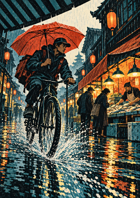 Bicycle rider holding a red-orange umbrella rides through a wet market lane past fish stalls and lantern-lit canopies.