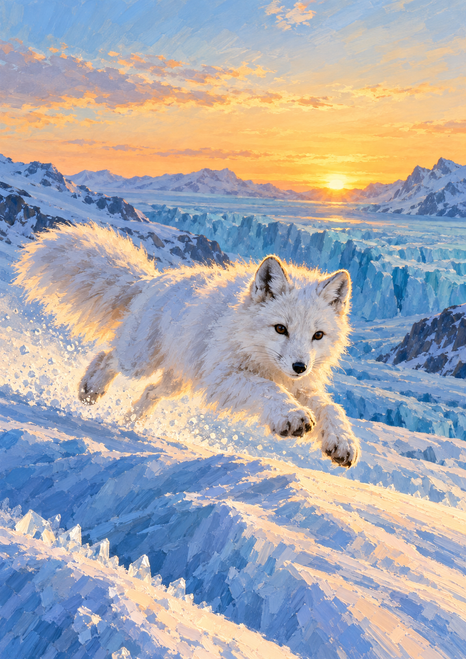 White arctic fox bounding across snowy terrain at dawn, with blue icy ridges and warm light on the horizon.