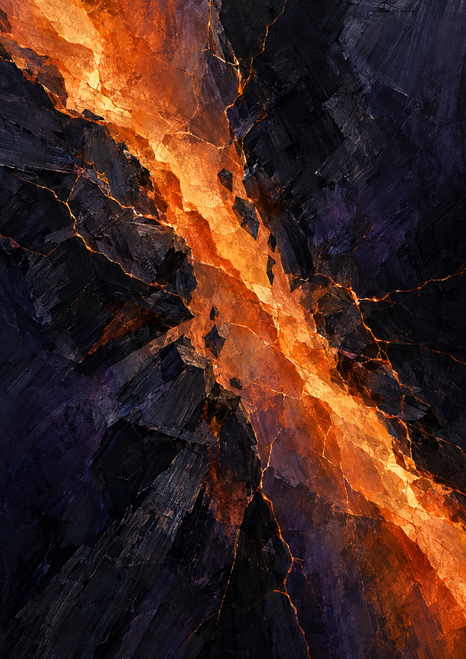 Abstract dark angular forms split by a glowing diagonal copper-orange fissure with fine branching cracks.