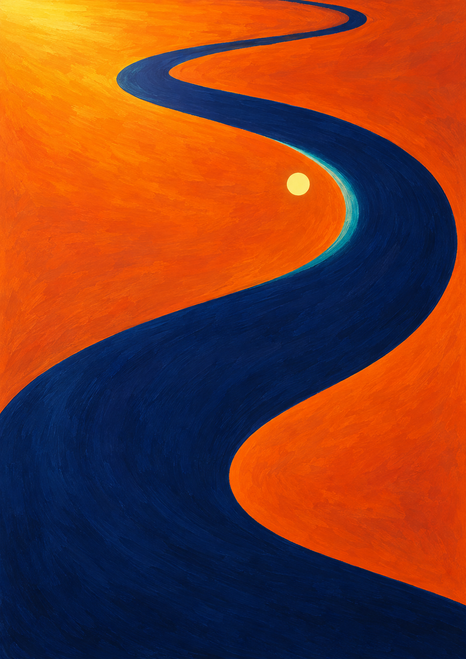 Winding indigo ribbon with turquoise edging and a pale-yellow disk on a vivid orange background.