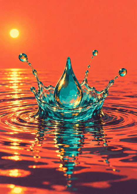 A turquoise droplet rises in a crown-shaped splash above coral-orange rippling water, with smaller droplets and a yellow sun-like disc.