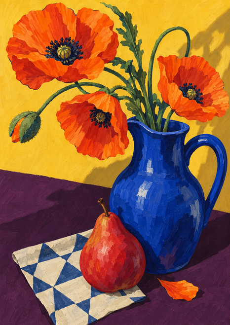Three orange-red poppies in a cobalt-blue pitcher beside a red pear on geometric cloth.