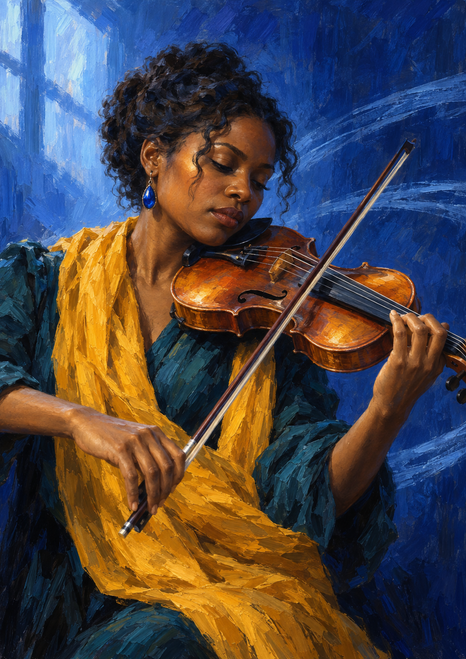An adult Black woman in a saffron scarf and teal clothing plays a reddish-brown violin against a vivid blue painterly background.