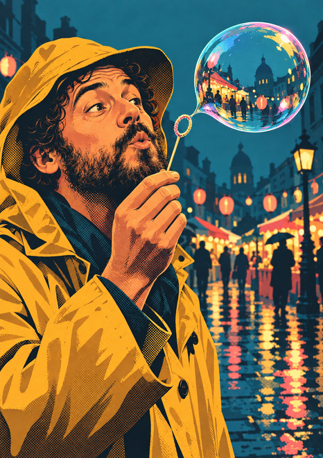 Bearded street performer in a yellow raincoat blowing an iridescent bubble reflecting a lantern-lit city market.