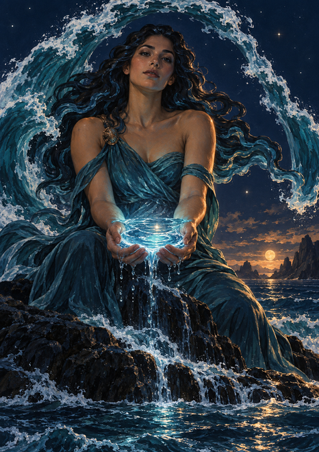 A seated sea guardian holds a glowing pool of water beneath a curling wave arch, with a moonlit coast and warm horizon behind her.