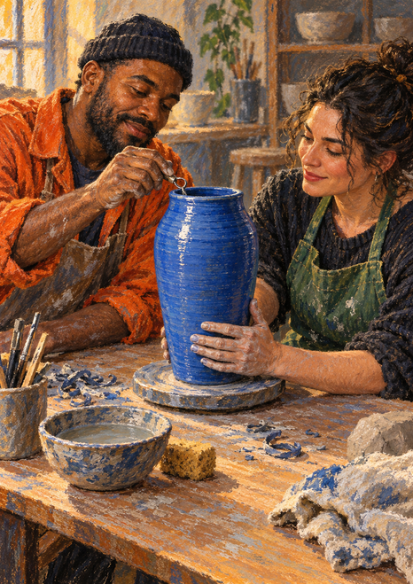 Two adult ceramic artists work around a cobalt-blue vessel on a pottery wheel, with a small tool near the rim and studio materials on the table.