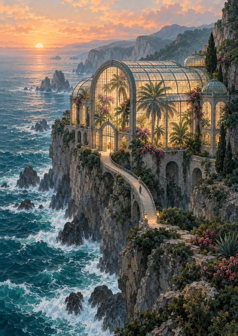 Golden-lit glass conservatory on a rugged coastal cliff above the sea at sunset, with palms and flowering vines visible inside.