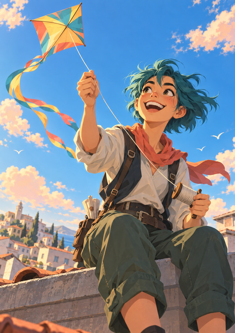 Cheerful young adult with teal hair seated on a rooftop, holding a spool and reaching toward a colorful kite against a blue sky.
