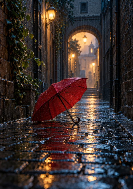 Open crimson umbrella on glossy wet cobblestones in a dark alley leading to a warmly lit arch.