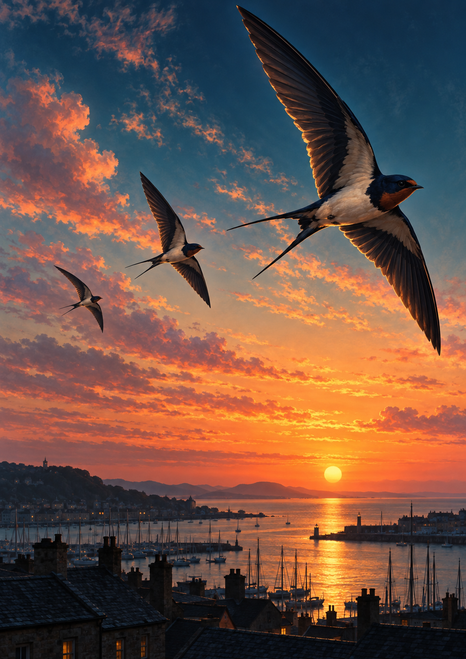 Three swallow-like birds fly above a sunset harbor with boats, marina masts, dark rooftops, and sunlit water.