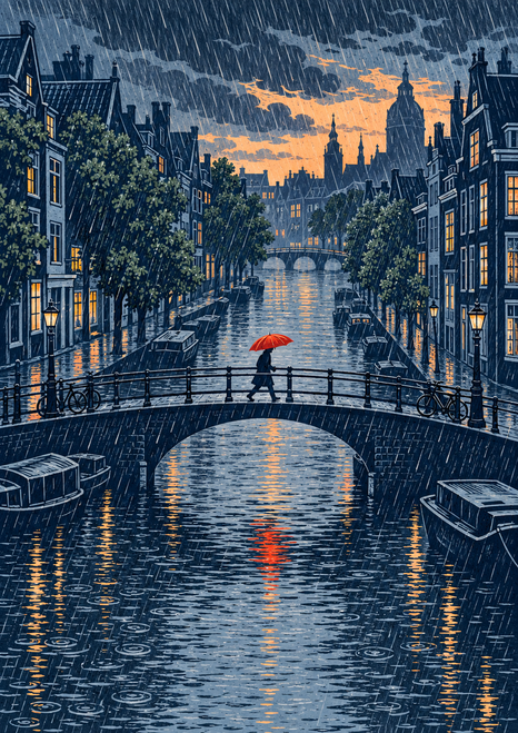 Small figure carrying a bright red umbrella crosses an arched bridge over a rainy canal lined with buildings and boats.