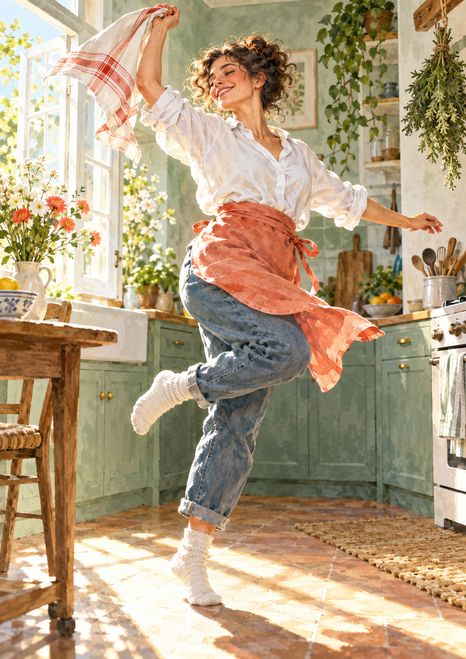 An adult dancing in a bright kitchen with one socked foot raised and a red-and-white checked towel held overhead.