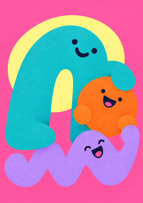 Three smiling geometric characters in turquoise, orange, and lilac overlap on a bright pink background beneath a pale yellow oval.