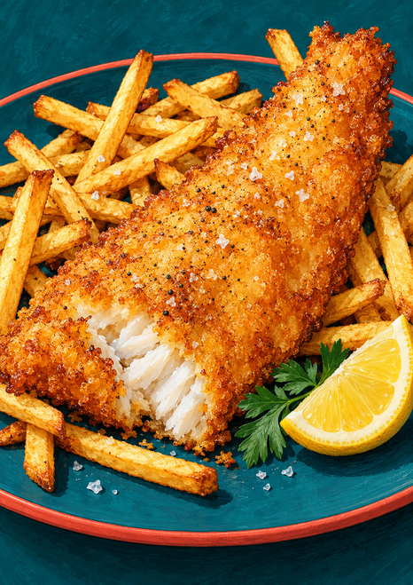 Golden battered fish fillet with flaky white interior, surrounded by fries with lemon and parsley on a teal plate with a coral-red rim.