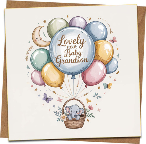 New Baby Grandson Card 145mm x 145mm with Kraft Envelope - Cute Elephant & Balloons Design - Lovely Congratulations Greeting Card