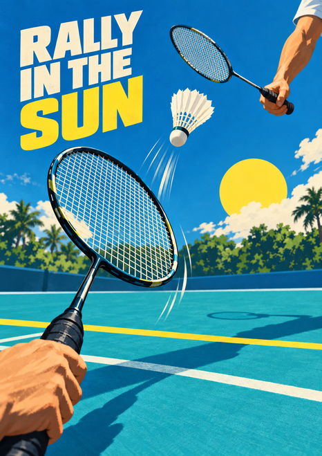 Two badminton rackets and cropped players converge around a shuttlecock on a bright court beneath a large yellow sun.