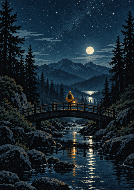 A small yellow-orange-clad hiker pauses on a wooden arched bridge over a mountain stream beneath stars, a moon and distant peaks.