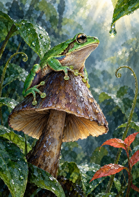 Green frog perched on a large brown bell-shaped mushroom, looking toward a hanging droplet amid wet foliage and reddish leaves.