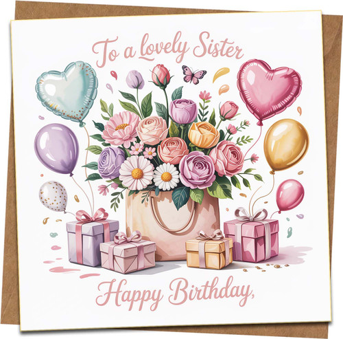 To a Lovely Sister Birthday Card – Floral Balloons and Gifts Design, Square 145mm x 145mm, Premium Greeting Card with Kraft Envelope, Blank Inside