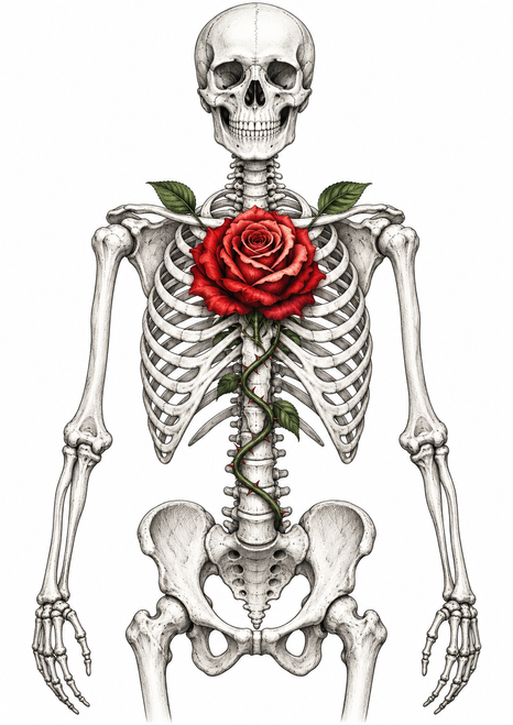 A front-facing human skeleton with a vivid red rose over its ribcage and a green stem winding down the torso.