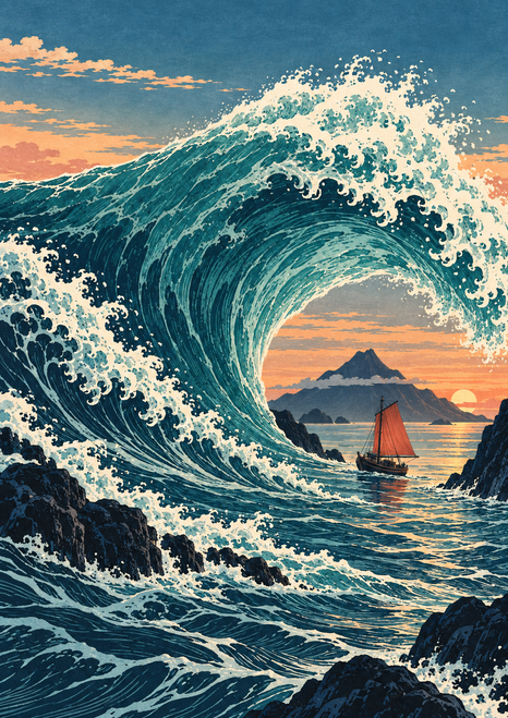 A large turquoise wave curls into an arch above a small red-sailed boat in a rocky inlet at sunset.