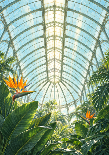 Upward view inside a glass conservatory, with a bright arched roof above tropical leaves and two orange bird-of-paradise flowers.