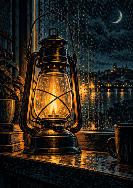 A glowing storm lantern on a rain-streaked windowsill, with books, a plant, a cup and distant town lights.