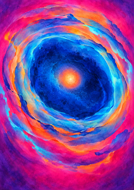 Abstract poster with a deep-blue central form and orange-apricot glow surrounded by rippling cyan, blue, violet and fuchsia bands.