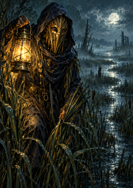 Hooded figure in a reed-and-brass mask holding a glowing lantern beside a moonlit marsh channel.