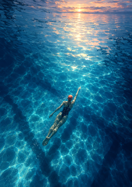 Overhead view of a small swimmer in a coral cap moving through blue water toward a warm reflected sky.