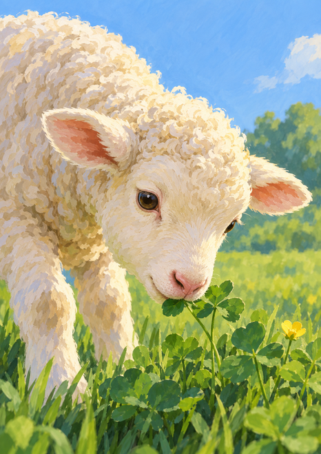 Close portrait of a cream-white lamb bending to nibble clover in a green meadow under blue sky.
