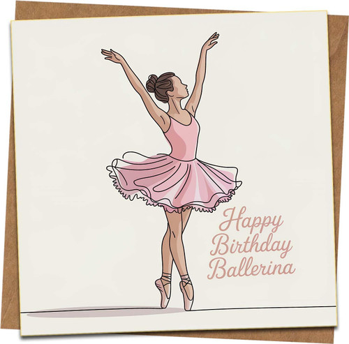 Happy Birthday Ballerina Card – 145mm x 145mm Square Ballet Greeting Card with Kraft Envelope, Pink Dancer Illustration, Birthday Card for Girls, Daughter, Granddaughter, Niece