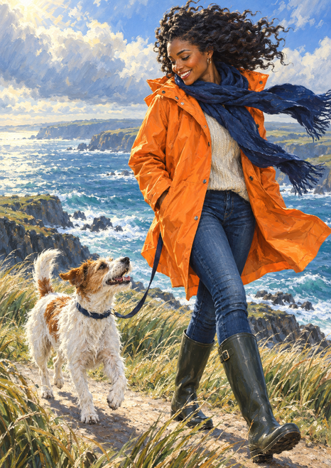 Smiling woman in an orange raincoat walking beside a small white-and-cinnamon terrier on a coastal path.