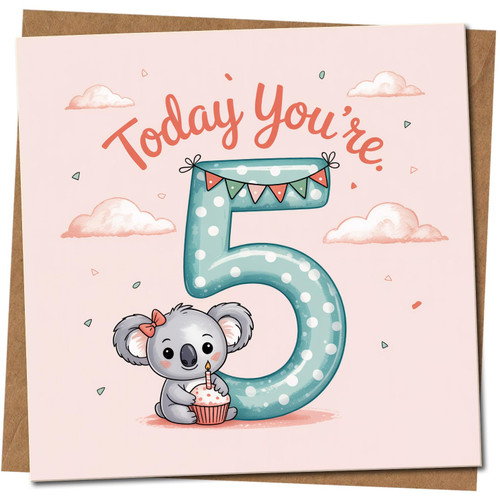 Cute Koala 5th Birthday Card for Kids - 'Today You're 5' Polka Dot Number Design - 145mm x 145mm Square -, Includes Kraft Envelope