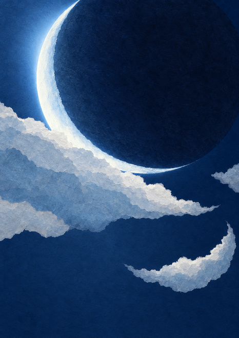 A large indigo crescent moon cropped at the top emerges behind a pale sweeping cloud, with a smaller curved cloud at lower right.