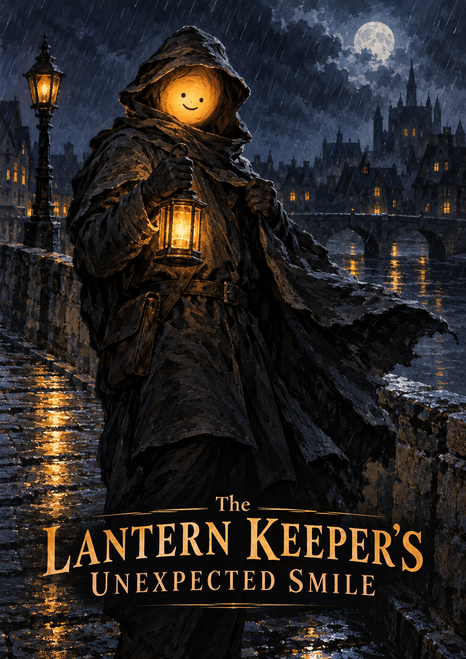 Cloaked figure with a glowing smiling amber face and lantern on a rain-dark stone bridge beneath a moonlit skyline.