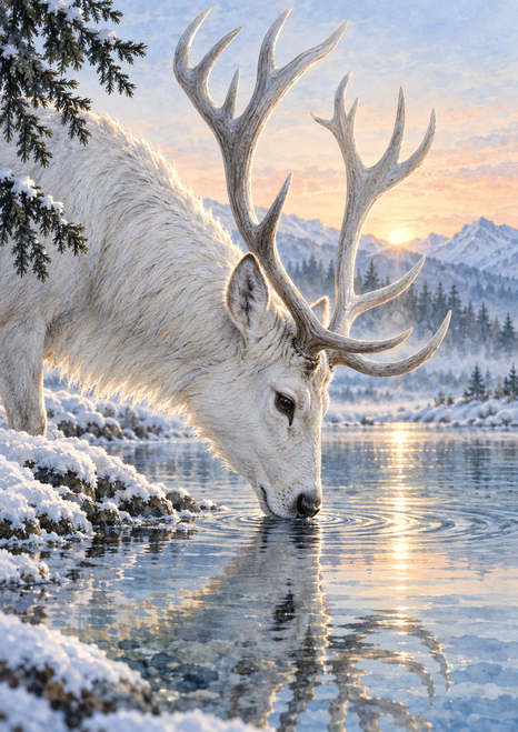 White stag lowering its muzzle to a snowy river at dawn, with antlers above the water and a sunrise reflection.
