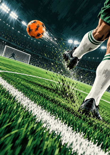 Footballer's lower legs and boots on a tilted green pitch as an orange ball flies toward a goal in a floodlit stadium.