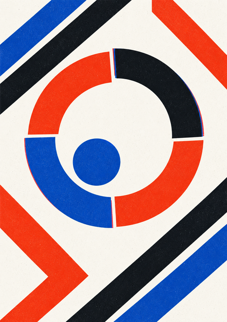 Four separated colored arcs form a central ring around a small cobalt disk, with diagonal bands across a warm-white ground.