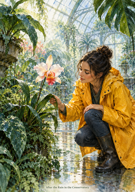 A woman in a saffron raincoat crouches to examine a pale orchid among leafy glasshouse plants and wet floor reflections.