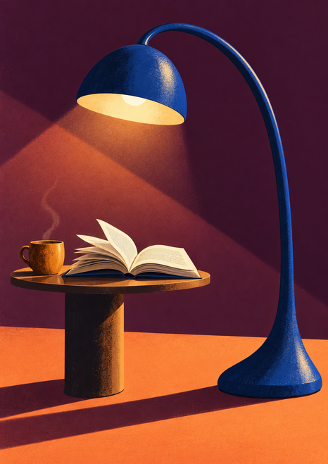 Cobalt-blue arched floor lamp shining over an open book and amber cup on a round table, with a plum wall and apricot floor.