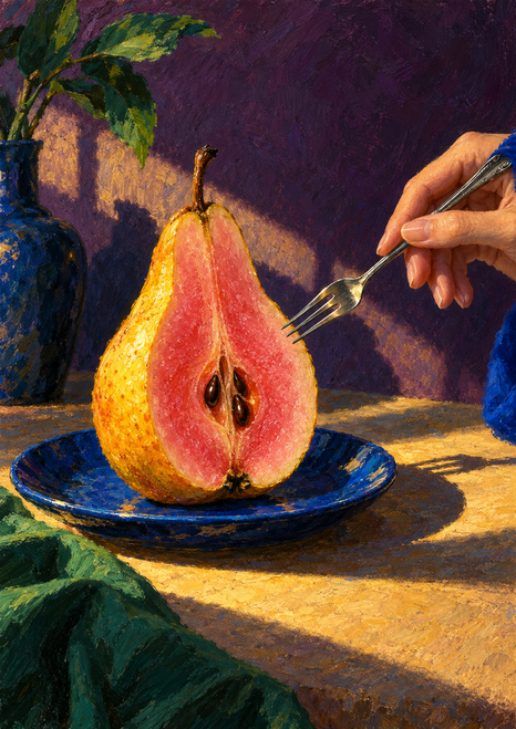 Golden pear cut to reveal a rose-pink interior and dark seeds on a cobalt plate, with a hand holding a dessert fork nearby.