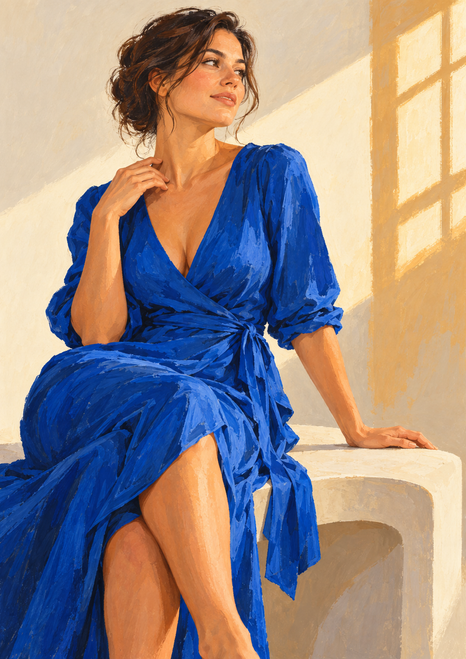 A woman in a cobalt wrap dress sits on a pale bench and turns toward warm window-grid light.