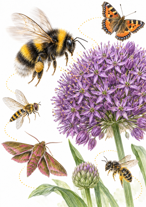 Bumblebee beside a purple allium bloom with a butterfly, hoverfly, moth and smaller bee on a white background.