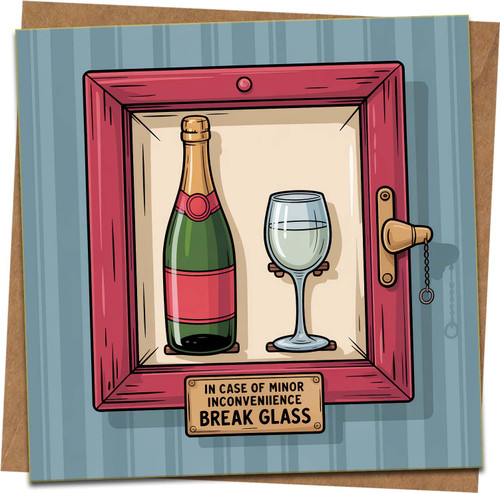 Funny Emergency Champagne Greeting Card – In Case of Minor Inconvenience Break Glass – 145mm x 145mm Square Card with Kraft Envelope – Humorous Birthday or Celebration Card for Wine Lovers