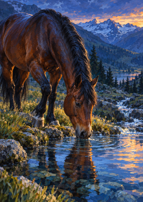 Bay horse drinking from a rocky mountain stream, with ripples in the foreground and alpine peaks beneath a blue-hour sky.