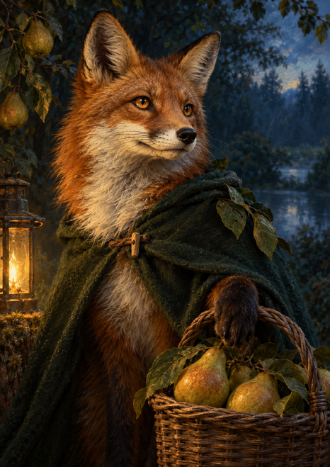 Russet fox in a dark green cloak beside a wicker basket of pears, with a glowing lantern in a blue-green woodland setting.