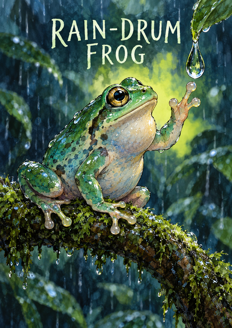 Green frog with a pale belly reaches from a mossy branch toward a large hanging raindrop amid blurred blue-green foliage.
