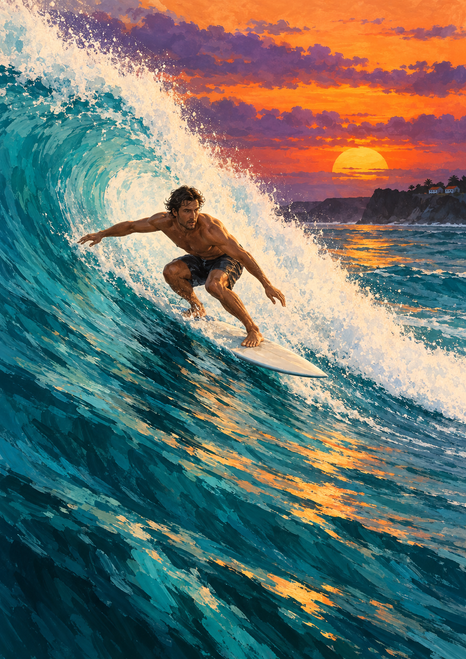 Adult surfer crouching on a pale board in a curling turquoise wave beneath an orange sun and violet clouds.