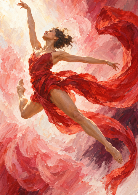 Adult woman leaping with one arm raised as a flowing red sash loops around her against a pale gestural background.